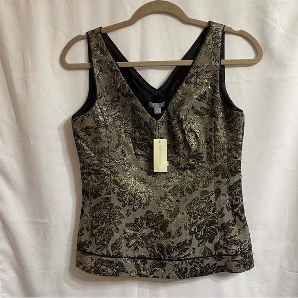 Ann Taylor 4 Black and Gold Floral V-Neck Sleeveless Top Metallic Party Holiday - Picture 1 of 6